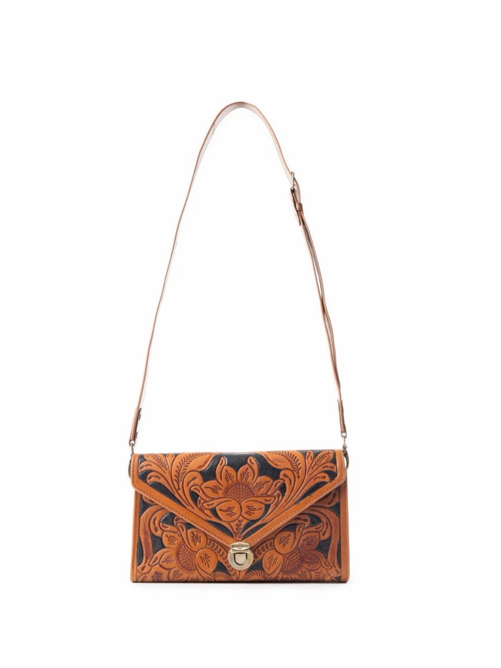 Western Hand-Tooled Floral Leather Crossbody Bag in Tan